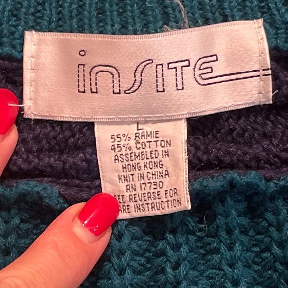 90s preppy blue striped tennis sweater Cable Knit Turquoise VNeck MEN Lg College - Picture 6 of 12